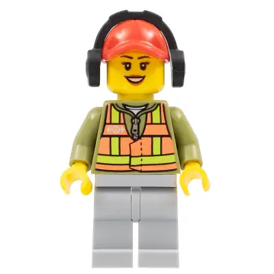 Light Orange Safety Vest, Light Bluish Gray Legs, Red Cap with Hole, Headphones, Dark Orange Lips