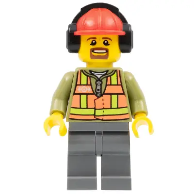 Light Orange Safety Vest, Dark Bluish Gray Legs, Red Construction Helmet with Black Ear Protectors / Headphones, Goatee