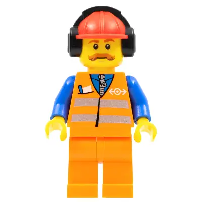 Orange Vest with Safety Stripes - Orange Legs, Red Construction Helmet with Black Ear Protectors / Headphones