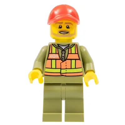 Train Driver - Orange Safety Vest with Lime Straps, Olive Green Legs, Red Cap with Hole, Beard Dark Tan Angular