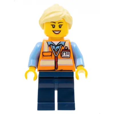 Train Worker - Female, Orange Safety Vest with Badge, Dark Blue Legs, Bright Light Yellow Ponytail and Swept Sideways Fringe