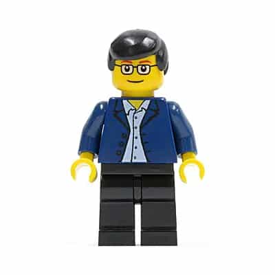 Dark Blue Jacket, Light Blue Shirt, Black Legs, Square Glasses, Black Male Hair