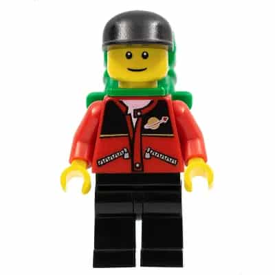 Red Jacket with Zipper Pockets and Classic Space Logo, Black Legs, Black Cap, Green Backpack with Sleeping Bag