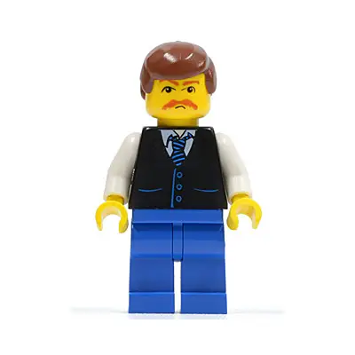 Black Vest with Blue Striped Tie, Blue Legs, White Arms, Reddish Brown Male Hair, Moustache