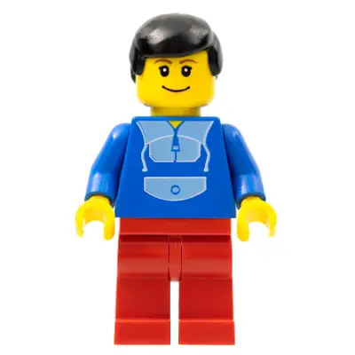 Jogging Suit, Red Legs, Black Male Hair, Wide Smile and Eyebrows