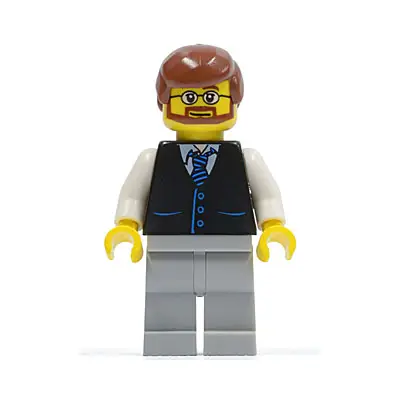 Black Vest with Blue Striped Tie, Light Bluish Gray Legs, White Arms, Reddish Brown Male Hair, Beard and Glasses
