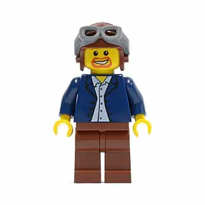Dark Blue Jacket, Light Blue Shirt, Reddish Brown Legs, Aviator Cap and Goggles