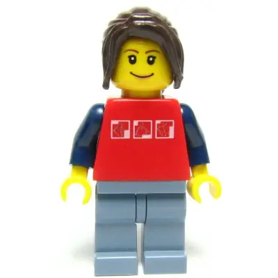 Red Shirt with 3 Silver Logos, Dark Blue Arms, Sand Blue Legs, Dark Brown Hair Ponytail Long with Side Bangs