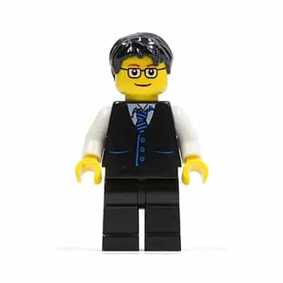 Black Vest with Blue Striped Tie, Black Legs, White Arms, Black Short Tousled Hair, Glasses