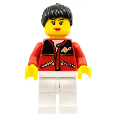 Red Jacket with Zipper Pockets and Classic Space Logo, White Legs, Black Female Ponytail Hair, Black Eyebrows