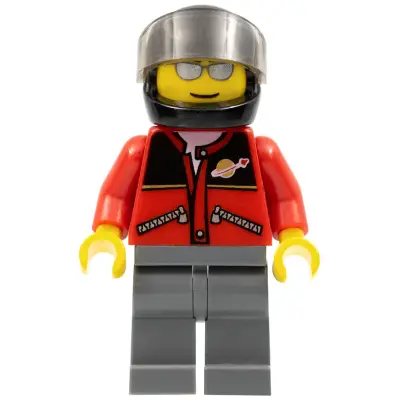 Red Jacket with Zipper Pockets and Classic Space Logo, Dark Bluish Gray Legs, Black Helmet, Silver Sunglasses