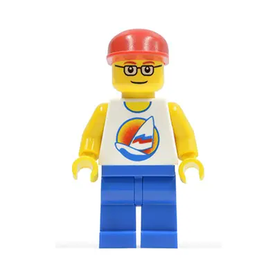Surfboard on Ocean - Blue Legs, Red Cap, Red Eyebrows, Glasses