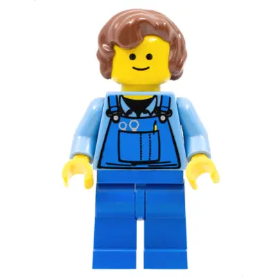 Overalls with Tools in Pocket Blue, Reddish Brown Hair Female Short Curled Ends