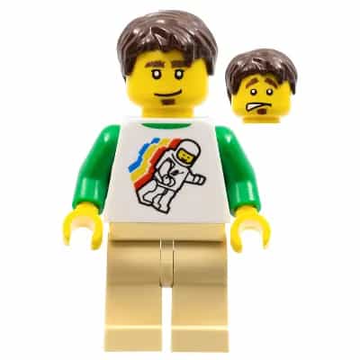Classic Space Minifigure Floating Pattern, Tan Legs, Dark Brown Short Tousled Hair