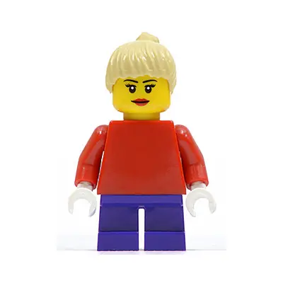 Plain Red Torso with Red Arms, Dark Purple Short Legs, Tan Female Ponytail Hair, Black Eyebrows