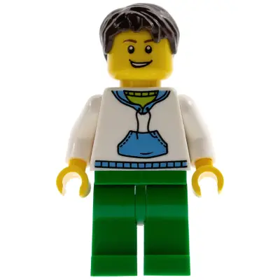 White Hoodie with Medium Blue Pocket, Green Legs, Dark Brown Short Tousled Hair