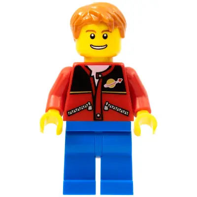 Red Jacket with Zipper Pockets and Classic Space Logo, Blue Legs, Dark Orange Short Tousled Hair