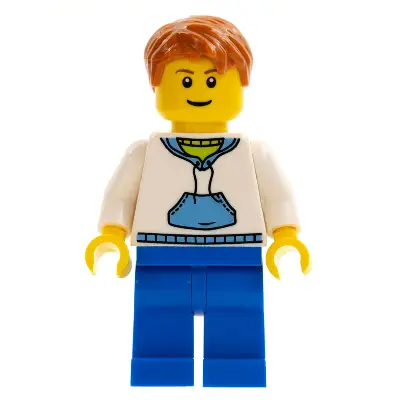 White Hoodie with Medium Blue Pocket, Blue Legs, Dark Orange Short Tousled Hair