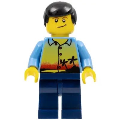 Sunset and Palm Trees - Male, Dark Blue Legs, Black Male Hair, Lopsided Smile