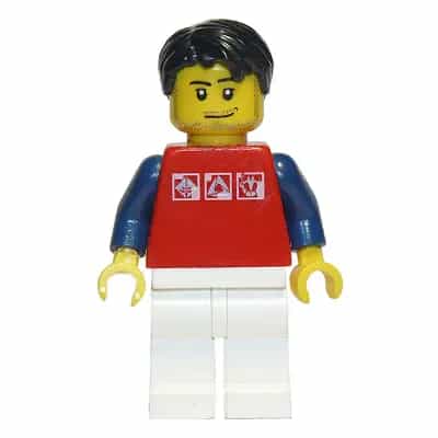 Red Shirt with 3 Silver Logos, Dark Blue Arms, White Legs, Black Short Tousled Hair