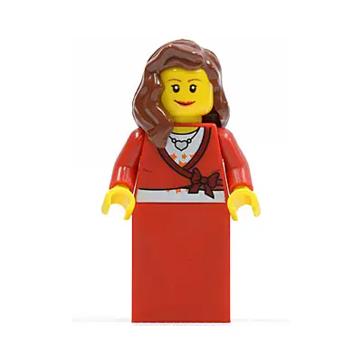 Sweater Cropped with Bow, Heart Necklace, Red Skirt, Reddish Brown Female Hair over Shoulder, Small Eylashes and Wide Smile