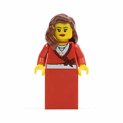 Sweater Cropped with Bow, Heart Necklace, Red Skirt, Reddish Brown Female Hair over Shoulder, Eyelashes and Smile