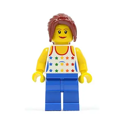 Shirt with Female Rainbow Stars Pattern, Blue Legs, Dark Red Hair Ponytail Long with Side Bangs