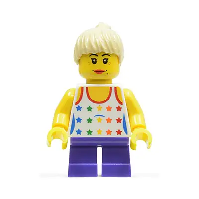 Shirt with Female Rainbow Stars Pattern, Dark Purple Short Legs, Tan Ponytail Hair