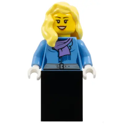Medium Blue Jacket with Light Purple Scarf, Black Skirt, Bright Light Yellow Female Hair over Shoulder