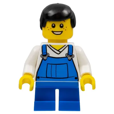Overalls Blue over V-Neck Shirt, Blue Short Legs, Black Male Hair