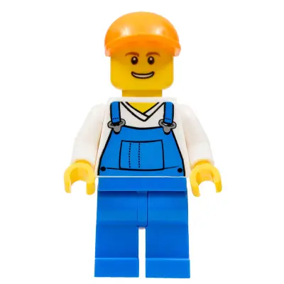 Overalls Blue over V-Neck Shirt, Blue Legs, Orange Short Bill Cap