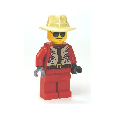Red Jacket with Tan and White Zigzag Pattern, Red Legs, Tan Fedora, Black and Silver Sunglasses