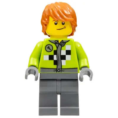 Lime Jacket with Wrench and Black and White Checkered Pattern, Dark Bluish Gray Legs, Dark Orange Hair, Crooked Smile