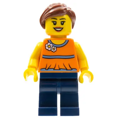 Orange Halter Top with Medium Blue Trim and Flowers Pattern, Dark Blue Legs, Reddish Brown Ponytail and Swept Sideways Fringe