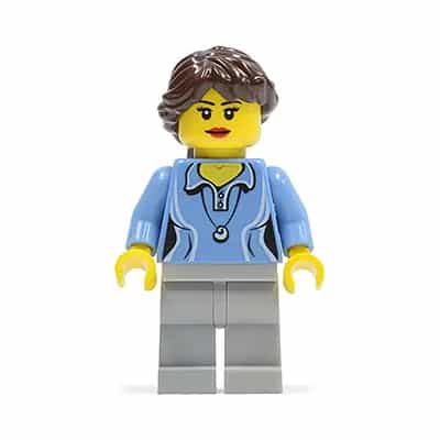 Medium Blue Female Shirt with Two Buttons and Shell Pendant, Light Bluish Gray Legs, Dark Brown Ponytail Long French Braided