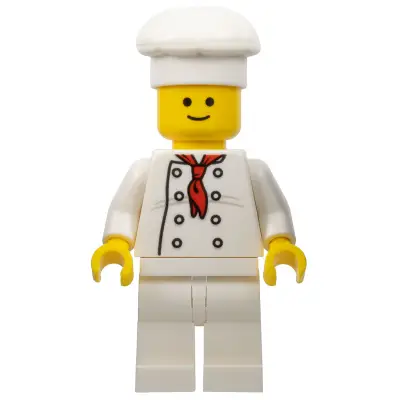 Chef - White Torso with 8 Buttons, Light Bluish Gray Wrinkles, WITH Back Print, White Legs, Standard Grin
