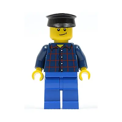 Plaid Button Shirt, Blue Legs, Black Hat, Lopsided Smile with Dimple (Truck Driver)