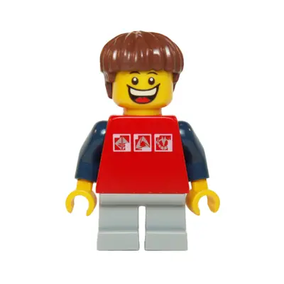 Red Shirt with 3 Silver Logos, Dark Blue Arms, Light Bluish Gray Short Legs, Reddish Brown Hair