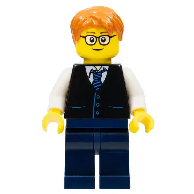 Black Vest with Blue Striped Tie, Dark Blue Legs, White Arms, Dark Orange Short Tousled Hair, Rounded Glasses