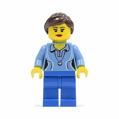 Medium Blue Female Shirt with Two Buttons and Shell Pendant, Blue Legs, Dark Brown Ponytail and Swept Sideways Fringe