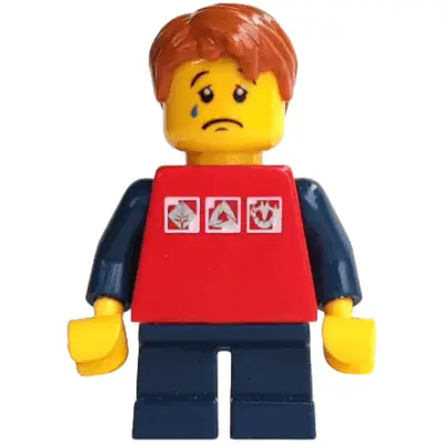 Red Shirt with 3 Silver Logos, Dark Blue Arms, Dark Blue Short Legs, Dark Orange Hair