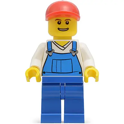Overalls Blue over V-Neck Shirt, Blue Legs, Red Short Bill Cap, Grin with Teeth