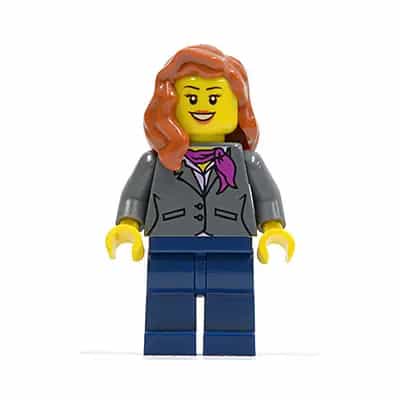 Dark Bluish Gray Jacket with Magenta Scarf, Dark Blue Legs, Dark Orange Female Hair over Shoulder