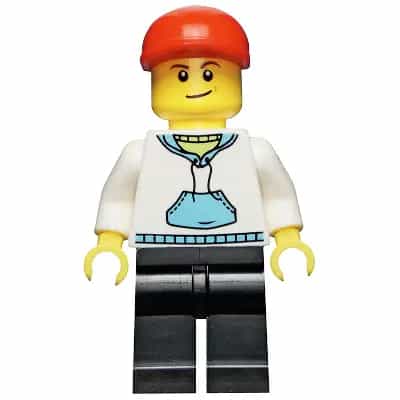White Hoodie with Medium Blue Pocket, Black Legs, Red Short Bill Cap, Crooked Smile