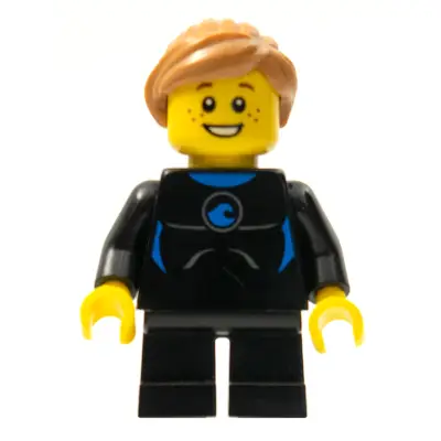 Wetsuit with Blue Sign, Black Short Legs, Medium Nougat Ponytail and Swept Sideways Fringe