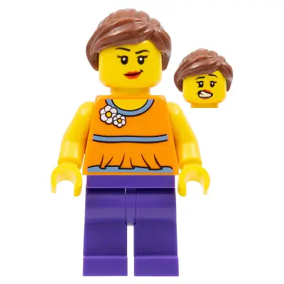 Orange Halter Top with Medium Blue Trim and Flowers Pattern, Dark Purple Legs, Reddish Brown Ponytail and Swept Sideways Fringe