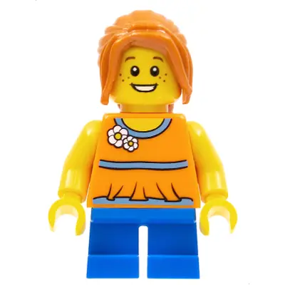 Girl, Blue Short Legs, Dark Orange Hair Ponytail Long with Side Bangs