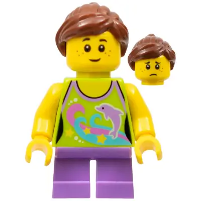 Girl, Dolphin Top, Short Medium Lavender Legs, Reddish Brown Ponytail and Swept Sideways Fringe