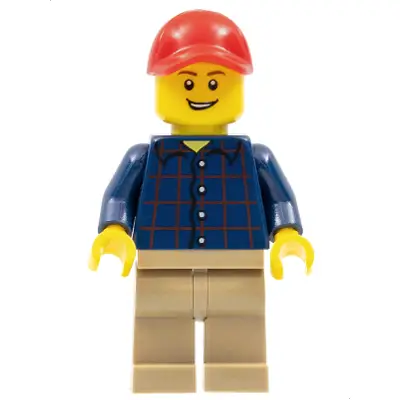 Plaid Button Shirt, Dark Tan Legs, Red Cap with Hole, Lopsided Grin with Teeth