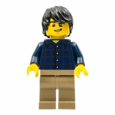 Plaid Button Shirt, Dark Tan Legs, Black Tousled Hair, Lopsided Grin, Chin Dimple
